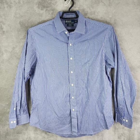 Mens Polo Ralph Lauren Regent Custom Fit Shirt Blue White Striped Button Down 17 - Picture 2 of 7
